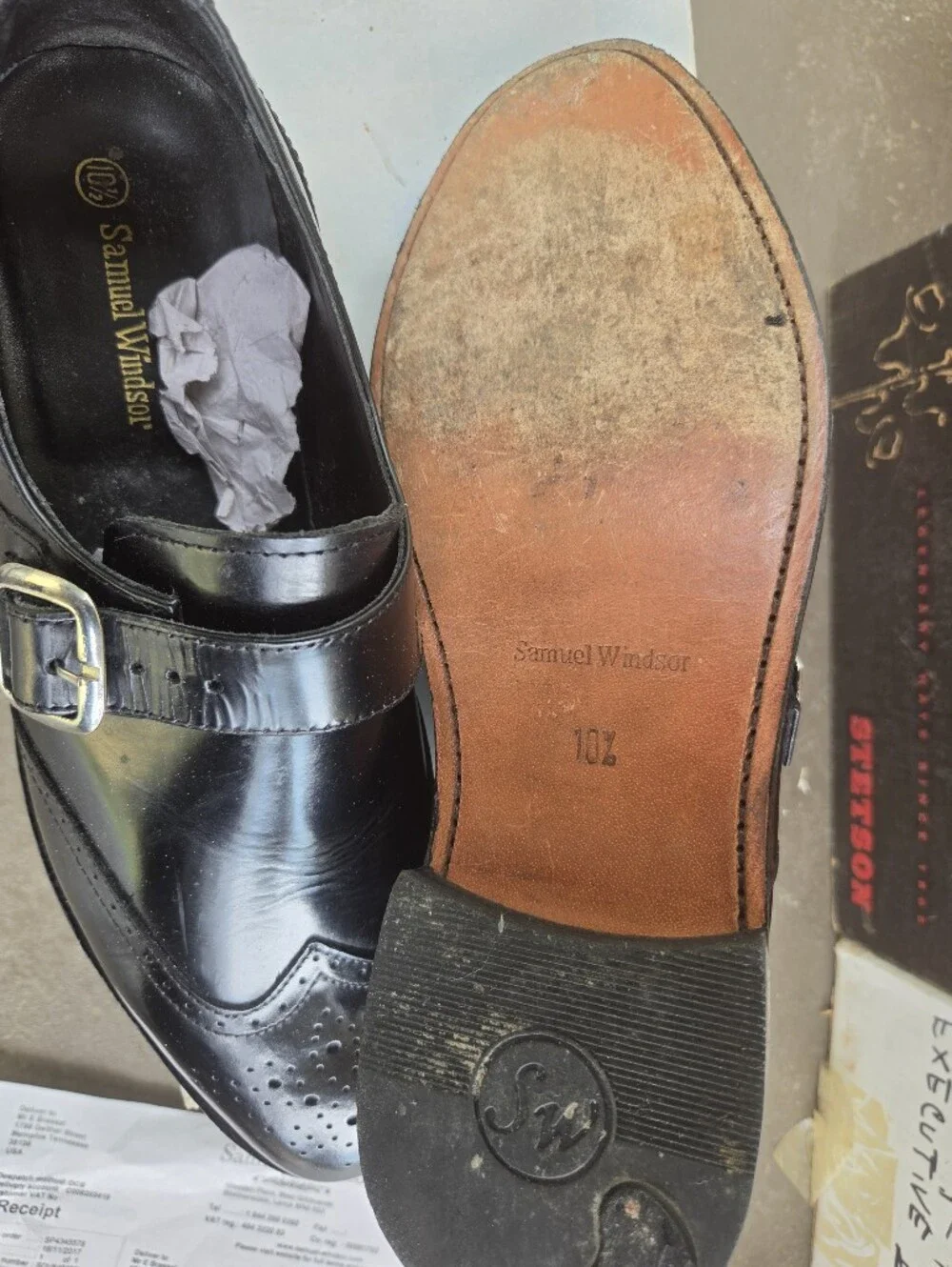 Black Leather Single-Buckle Brogue Monk Shoes